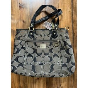 Coach Poppy Signature Monogram Jacquard Tote Bag Grey Black Patent Trim